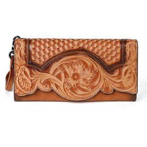 Women's Brown Genuine Leather Snap Wallets Vintage Purse Organizer Clutch